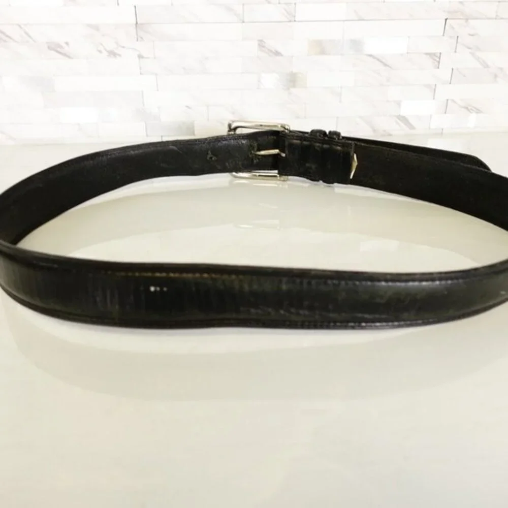 Preppy Black Leather Dress Belt Mens 34 Silver Roller Buckle Office Handmade